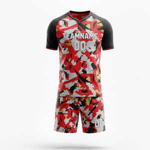 Conjunto de Camiseta de Fútbol Sublimada Personalizada, Patrón Geométrico Rojo y Negro, Manga Corta, Absorbe la Humedad, Corte Atlético para Hombre Adulto - Product Image 1
