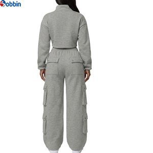 Conjunto Deportivo BOBBIN INDUSTRIES para Mujer, Sudadera Corta Gris con Cierre de Cremallera y Pantalones Cargo, Corte Holgado Informal, Color Sólido - Product Image 2