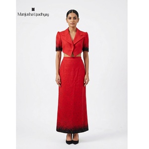 Exclusive Women's Red Evening Co Ord <b>Set</b> Fashion Forward Cropped <b>Blazer</b> and Embroidered Maxi Skirt - Product Image 1