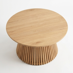 Table basse ronde en teck massif, artisanale et moderne, avec base à lattes, écologique, pour salon, fabricant en gros - Product Image 3