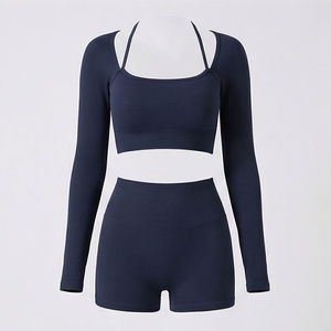 Women Navy Blue Ribbed Long Sleeve Crop Top High Waist Shorts Yoga 2 Piece <b>Set</b> <b>Square</b> Neck Spaghetti Strap - Product Image 1