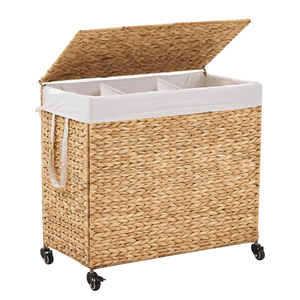 Cesto para Ropa Sucia de 160L, 3 Secciones, Tejido con Jacinto de Agua Natural, con Tapa y Ruedas, Diseño con Ruedas para Mayor Comodidad - Product Image 1