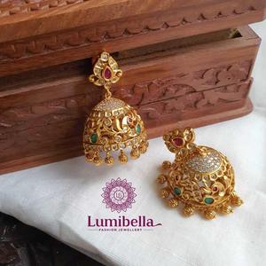 Ruby Stone Studded Peacock Jhumki Drop Earrings in 24K Gold Plated Pearl - Product Image 1