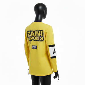 Camiseta de manga larga para mujer, algodón jersey GSM, amarilla con panel en contraste, estampado gráfico, logotipo personalizado, ropa urbana, camiseta de manga larga de algodón - Product Image 5