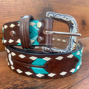 Venta al por mayor de moda para hombres y mujeres, cinturón de cuero turquesa con hebilla de aleación ajustable informal, cinturón de punto Buck de cuero genuino 100% - Product Image 3