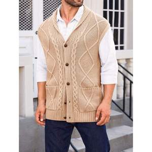 Gilet en tricot tendance pour homme, motif géométrique, sans manches, beige, boutonné devant, tenue d'automne - Product Image 2