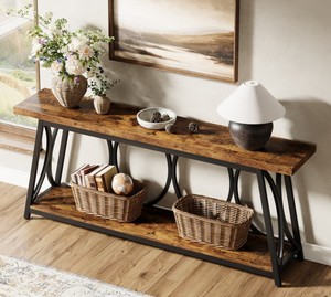 Mesa Consola Moderna de Madera con Estructura Metálica y Base de Trípode, Mueble de Sala de Estar con Almacenamiento, Diseño Industrial - Product Image 4