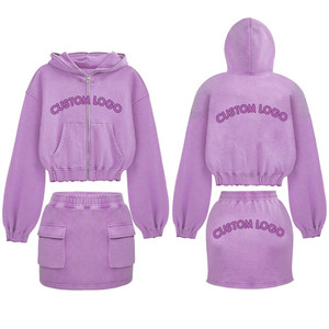 Ensemble jupe et sweat à capuche deux pièces Glory Zone avec logo personnalisé pour femme, sweat à capuche oversize tendance avec fermeture éclair, mini-jupe, tenue streetwear décontractée - Product Image 1