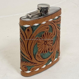 2025 Premium Quality 7oz Hand Tooled Leather Stainless Steel Hip Flask High Quality Genuine Cow Leather Whiskey Flask for Unisex - Product Image 4
