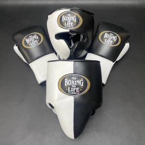 Suministro al por mayor: Set de boxeo personalizable en blanco y negro 'No Boxing No Life' con protector de cabeza abierto y protector inguinal - Product Image 1