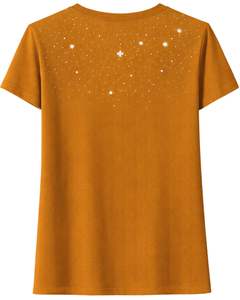 T-shirt en coton pour femme personnalisé, couleur moutarde, avec imprimé étoile en strass, manches courtes, col rond, haut décontracté pour femme, design OEM personnalisé - Product Image 2