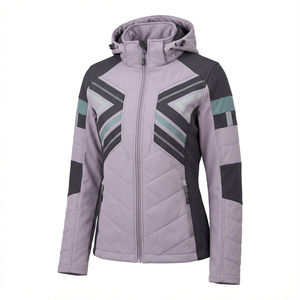 Women's Hooded <b>Quilted</b> <b>Jacket</b> Geometric <b>Pattern</b> Color Blocked Full Sleeve Winter Wear Polyester Wadding Zipper Closure - Product Image 1