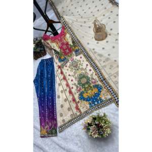 Vestidos de Noche Beige, Conjunto de Top y Pantalón con Dupatta, con Trabajo Artesanal de Espejo Real para Fiestas, Talla L - Product Image 3