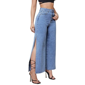 Jeans y Pantalones de Mezclilla Azul Oscuro, Corte Ajustado, Cintura Alta, con Abertura en el Muslo, para Mujeres y Niñas - Product Image 1
