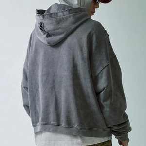 เสื้อฮู้ดดี้โอเวอร์ไซส์ผู้ชาย สีเทาล้วน ผ้าฝ้ายเฟรนช์เทอร์รี่ ซักแล้วไม่เป็นขุย มีกระเป๋า ดีไซน์สตรีทแวร์สำหรับฤดูใบไม้ร่วง - Product Image 4