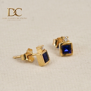 IGI Certified 9K Solid Gold Lab Grown Diamond and Royal <b>Blue</b> <b>Sapphire</b> Stud <b>Earring</b> Women Custom Wholesale Jewelry Manufacturer - Product Image 2