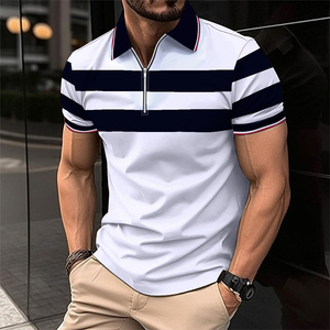 T-shirt zippé pour homme, manches courtes, été, décontracté, respirant, confortable, 100 % coton, avec logo color block sur le devant - Product Image 3