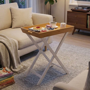 Scandinavian Foldable Bamboo Top Coffee <b>Table</b> <b>White</b> Wood X Frame <b>Side</b> <b>Table</b> for Living Room - Product Image 4