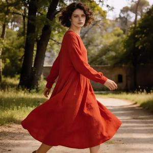 Women <b>Boho</b> Red <b>Long</b> Sleeve Maxi <b>Dress</b> Loose Fit Flowing Casual Vintage Cotton Linen Party <b>Dress</b> - Product Image 1