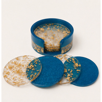 Ensemble de sous-verres de luxe en résine époxy avec support, vente en gros, sous-verres ronds bleus pailletés et dorés, lot de 4 pièces pour la maison, l'hôtel et la vaisselle