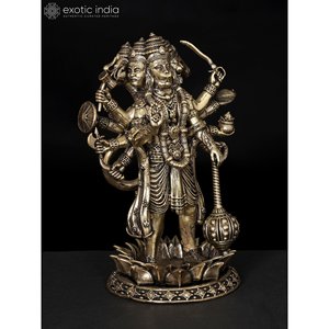 Statue superfine de seigneur Hanuman en laiton de 5 pouces Sculpture panchamukhi à dix bras - Product Image 4