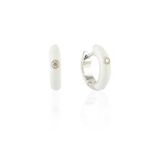 14K <b>Solid</b> <b>Gold</b> Enamel <b>Huggie</b> Hoop Diamond Stud Earrings for Wedding Anniversary - Product Image 5