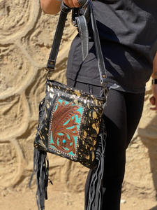 High Quality Hair on Metallic Hand Tooled Leather Fringe Crossbody Bag for Women Custom Genuine Cowhide Leather Shoulder <b>Handbag</b> - Product Image 3