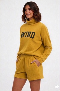 Women's Casual Mock Neck and Shorts <b>Set</b> Fleece Cotton Material Breathable Eco-Friendly Winter Wear - Product Image 3