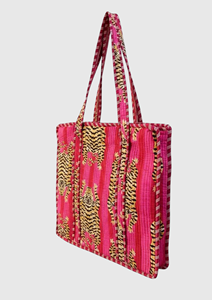 Sac fourre-tout bohème en coton avec motif léopard, broderie rose et or, sac de shopping pour femme toutes saisons, fermeture ouverte - Product Image 4
