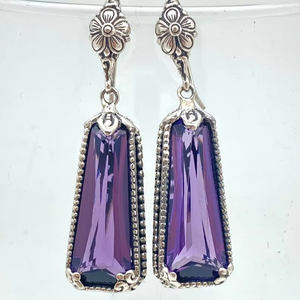 Boucles d'oreilles vintage en argent sterling avec améthyste allongée, style Bali, faites à la main, élégantes, cadeau de mariage pour femme, bijoux - Product Image 1