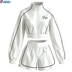 Conjuntos Deportivos Cortos de Verano Estilo Hip Hop para Mujer, 2 Piezas, Chaqueta con Cremallera y Pantalones Cortos, 100% Algodón, Transpirable, de Secado Rápido, Ecológico, Mangas Largas - Product Image 1