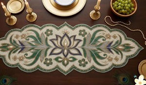 Oval Fabric Table <b>Runner</b> Handmade Oriental Floral Design <b>Green</b> Blue Embroidered Mat - Product Image 4