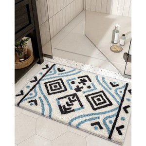 Geometric Bohemian Cotton <b>Bath</b> <b>Mat</b> Rectangle Non-Slip Rubber Backing Thick Tufted Flock Print White Blue <b>Black</b> Home Use - Product Image 5