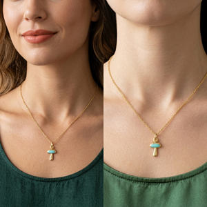 Colgante Unisex Cristiano de Plata de Ley Chapado en Oro con Esmalte, Forma de Hongo Color Turquesa, 13-15 mm, con Argolla Abierta, Regalo de Boda - Product Image 6