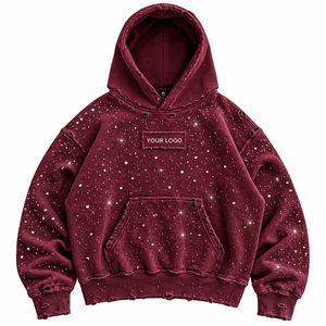 Sudadera con capucha extragrande de invierno personalizada, con efecto desgastado, pedrería y lentejuelas, de algodón, bordada, ecológica, superventas - Product Image 3