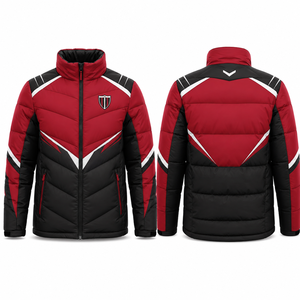 Men's <b>Red</b> Black Color Blocking Varsity Jacket Eco-Friendly Hooded Windproof Stand Collar Zipper Closure Sporty Winter Jacket - Product Image 1