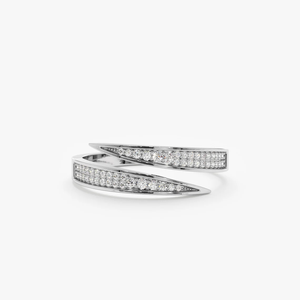 Bague Moderne en Or Massif 14K avec Diamant de Laboratoire, Anneau Bypass à Griffes, Bague Manchette à Double Rangée de Diamants Pavés Effilés pour Femme - Product Image 3