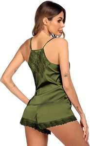 Ensemble de salon en satin pour femmes, col en V, sans manches, short, dentelle, vêtements de nuit sexy, taille élastique, automne hiver, vert, 2 pièces - Product Image 4