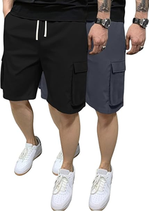 Shorts cargo pour homme, couleur unie, taille à cordon, séchage rapide, tissu Oxford, shorts décontractés avec poches pour les activités de plein air - Product Image 2
