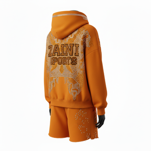 Conjunto de Sudadera con Capucha y Pantalones Cortos de Felpa de Algodón Suave de 380 GSM para Mujer, Diseño de Llama con Pedrería en Naranja Quemado - Product Image 5