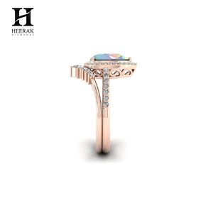 Boho Teardrop Opal Wedding <b>Ring</b> <b>Set</b> Crown Curved Moissanite Enhancer Band 10K 14K <b>Gold</b> October Birthstone Jewelry Wholesale - Product Image 5
