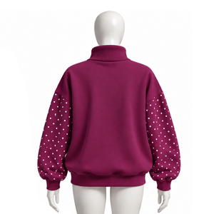 Burgundy Oversized Women Mock Neck Sweatshirt Pearl Studded Sleeve Pullover Casual Streetwear Loose Fit Long Sleeve <b>Winter</b> <b>Top</b> - Product Image 2