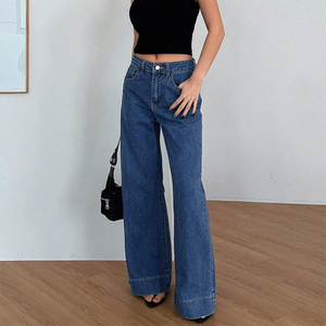 Jeans de Mezclilla de Alta Calidad para Mujer, Pierna Ancha, Azul Índigo, Cintura Alta, Corte Regular, Estilo Urbano, con Agujeros - Product Image 6