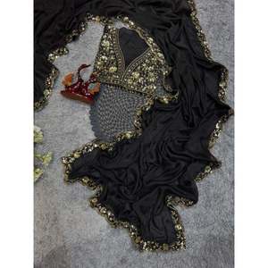 Sari de soirée de créateur avec de magnifiques broderies de sequins et bordure en dentelle - Product Image 5