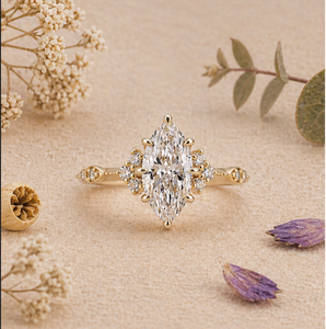 Bague de fiançailles de luxe en diamant marquise, or 14K 18K, style vintage, avec pierres latérales, pour femme - Product Image 1