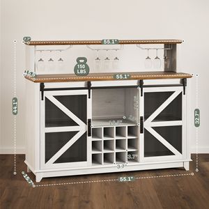 Mobile Bar da Cucina Bianco Stile Fattoria da 55 Pollici con Luci LED, Portabottiglie e Portabicchieri per Cucina e Sala da Pranzo - Product Image 3