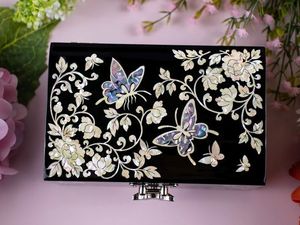 Boîte à bijoux en bois laqué noir style zen asiatique avec nacre, motif floral papillon, organiseur, coffret cadeau - Product Image 4