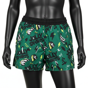 Shorts cortavientos ligeros de poliéster de 130 GSM, color verde oscuro, con estampado gráfico por sublimación, etiqueta privada, logotipo personalizado, shorts para mujer - Product Image 1