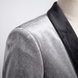 Silver Light Grey <b>Velvet</b> <b>Blazer</b> Men Pearl Tone Black Satin Shawl Collar One Button Tux Jacket - Product Image 4