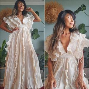 Women <b>Boho</b> White Maxi Dress Deep V-Neck Ruffle Sleeve Loose Fit Flowy Organic Cotton Eco-Friendly Summer Beach Party Dress - Product Image 6